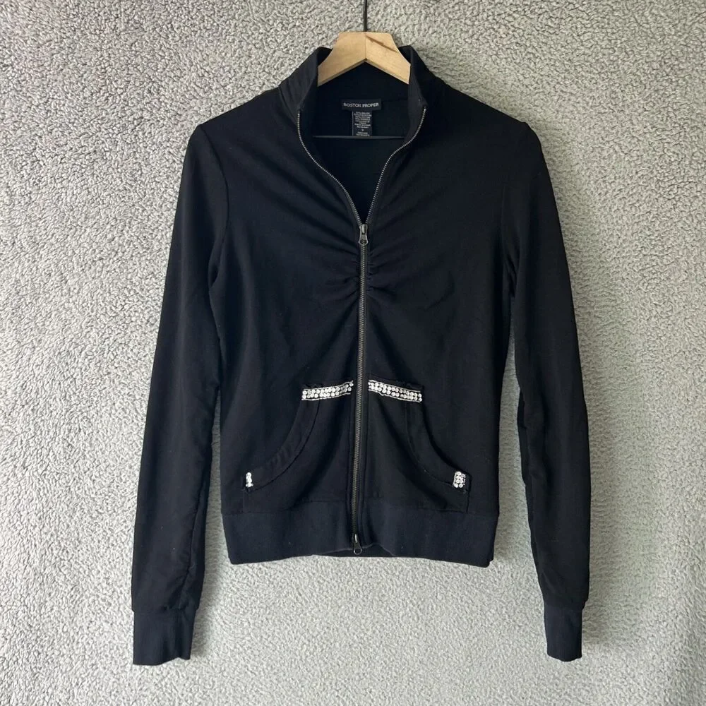 BOSTON PROPER Y2K Bling Hoodie Womens Small Black Fleur De Lis Rhinestone Jacket - Picture 2 of 11